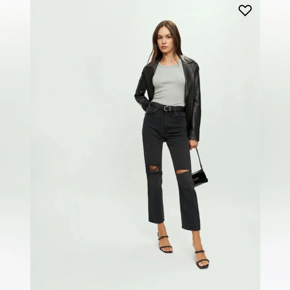 Reformation Cynthia High Rise Straight Jeans Black Ripped Size 27 - Picture 4 of 14